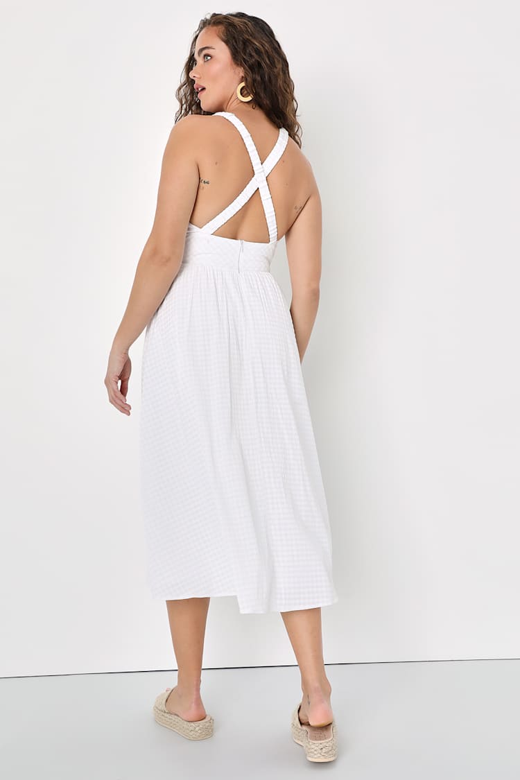 NWT Lulus City Strolls White Gingham Backless Twist-Front Midi Dress | Size Small