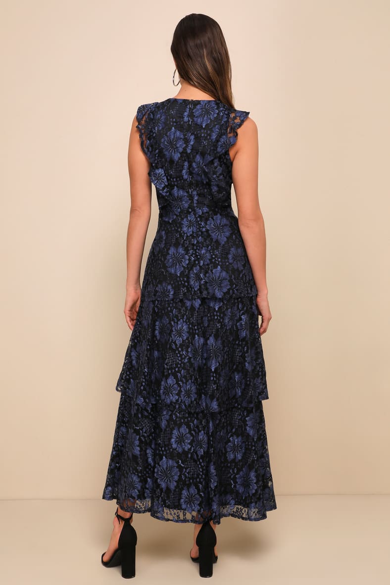 Lulu's Molinetto Navy Blue Lace Ruffled Tiered Sleeveless Maxi Dress | Size Large