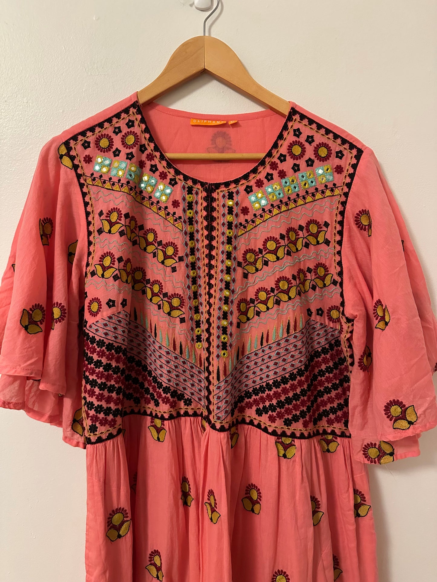 Oliphant Flirty V-Neck Embroidered Maxi Dress in Santa Fe Pink | Size XL