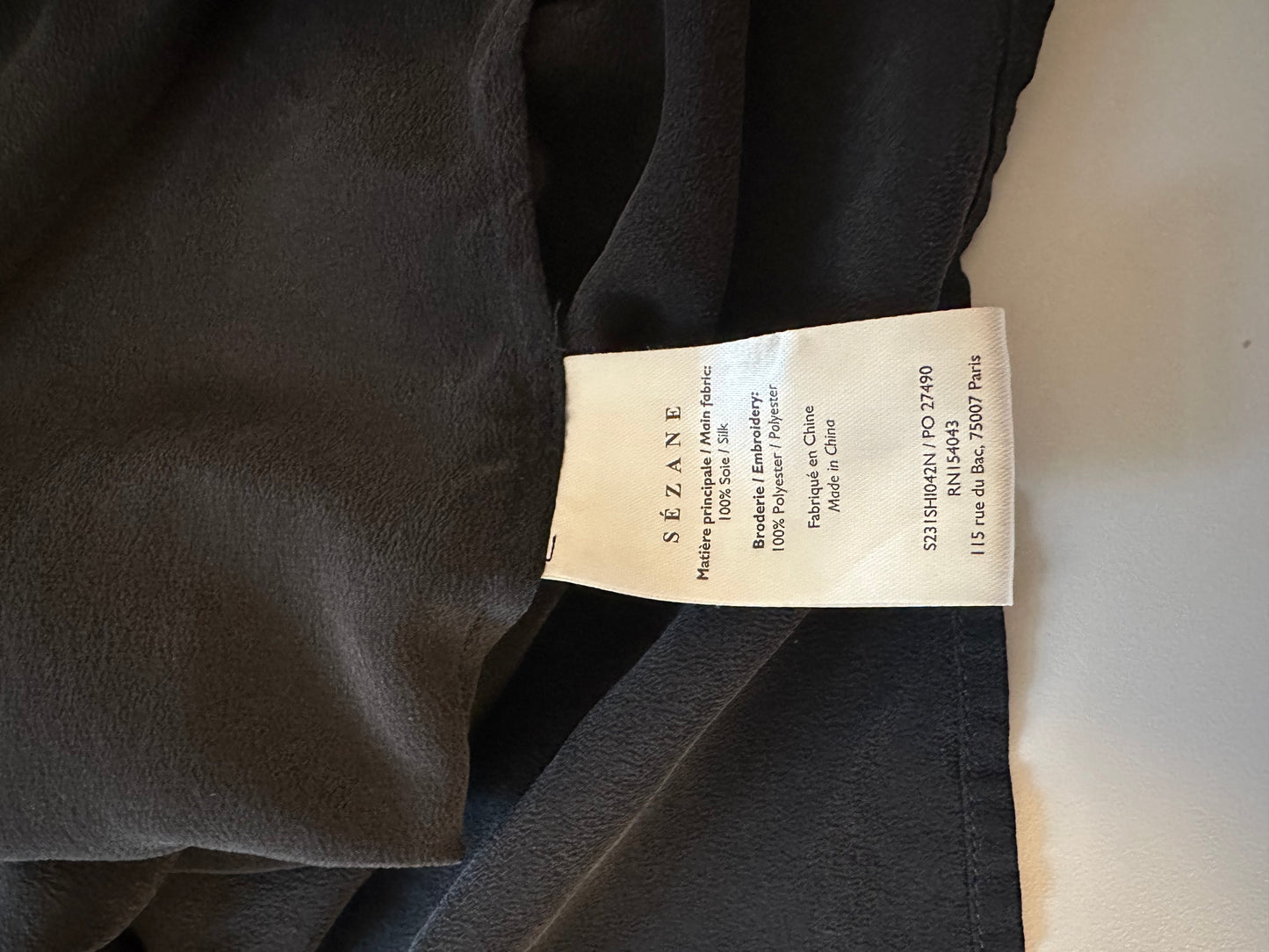 Sezane Carlotta Black Silk Blouse with Lace Neckline Accent | Size US 10 / EU 42