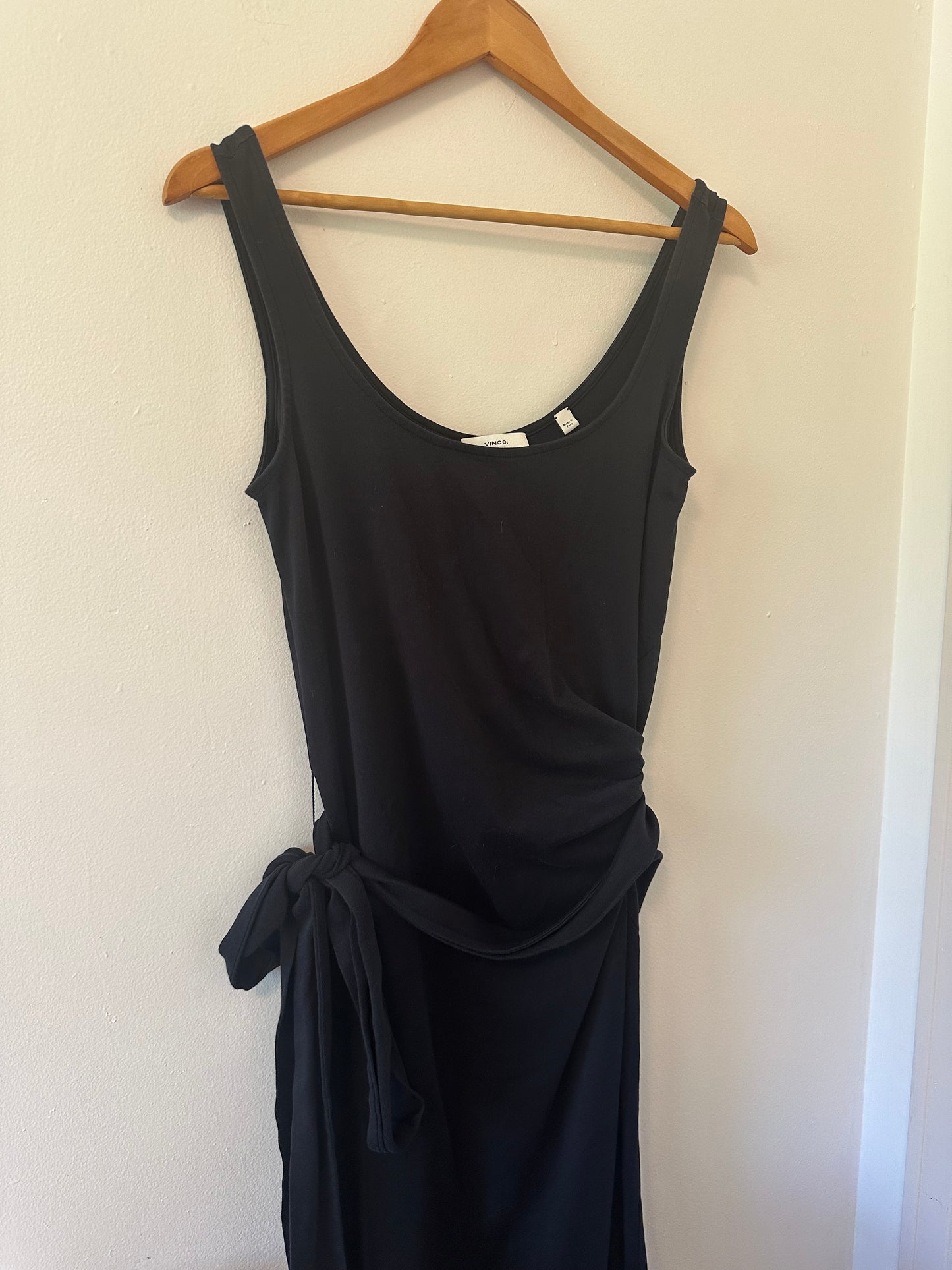 Vince. Tie Waist Cotton Dress Sleeveless Midi Scoop in Black - Size Medium