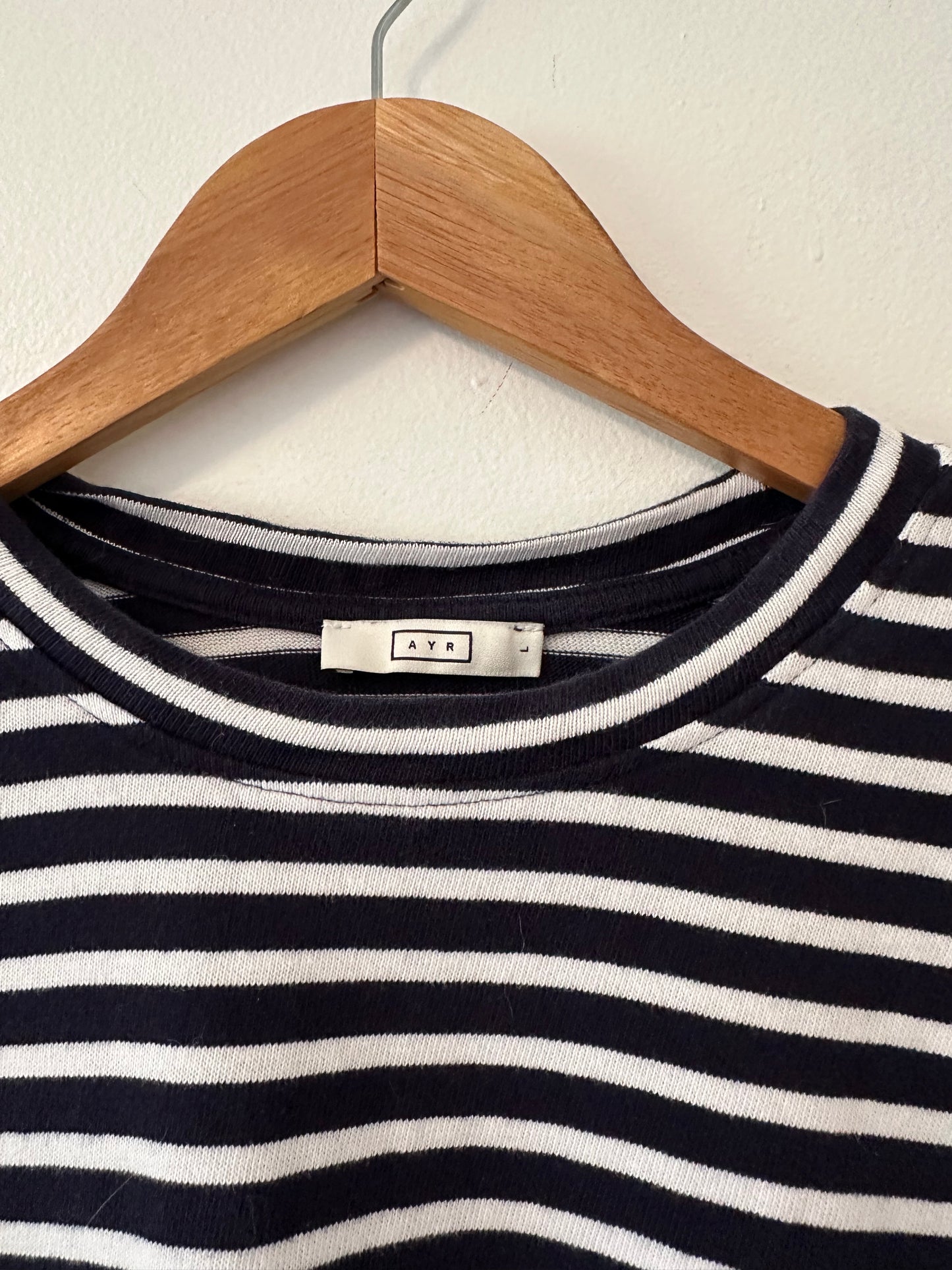 AYR The French Fry Long Sleeve T-Shirt in Navy and White Stripes | Size Large