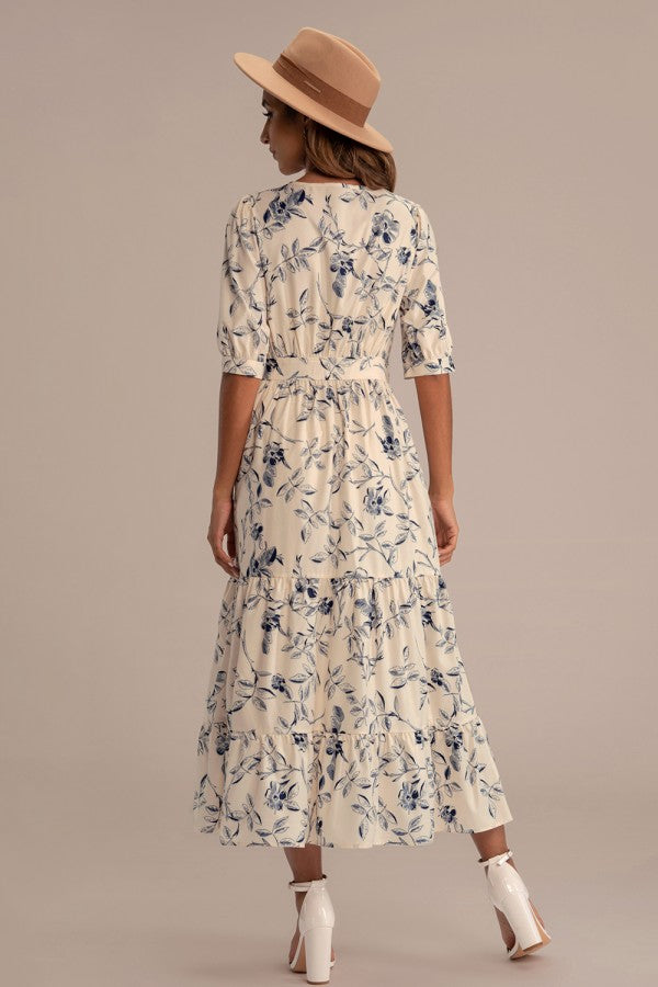 NWT Petallush Floral Half Sleeve V Neck Maxi Dress in Blue and White | Size Large