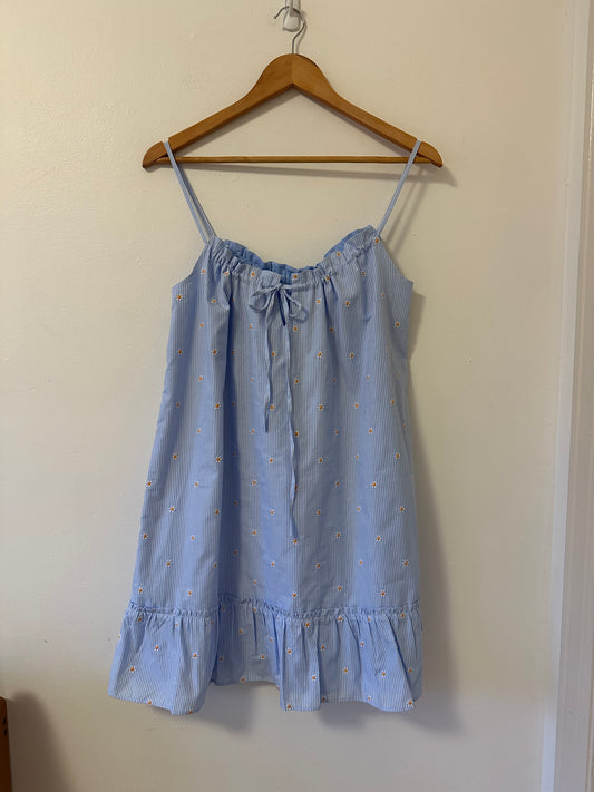 NWT Sezane Sido Cotton Blue Striped Dress with Daisies and Ruffle Hem | Size 36