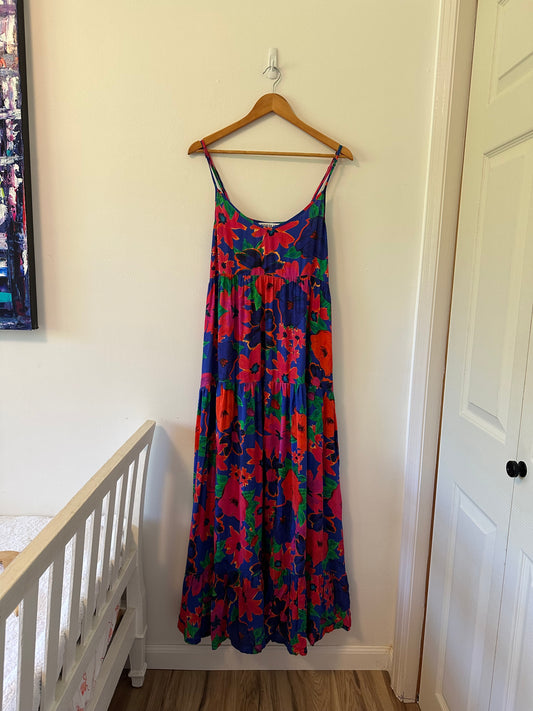Stieglitz Mayte Floral Tiered Maxi Dress in Blue and Red - Size Medium