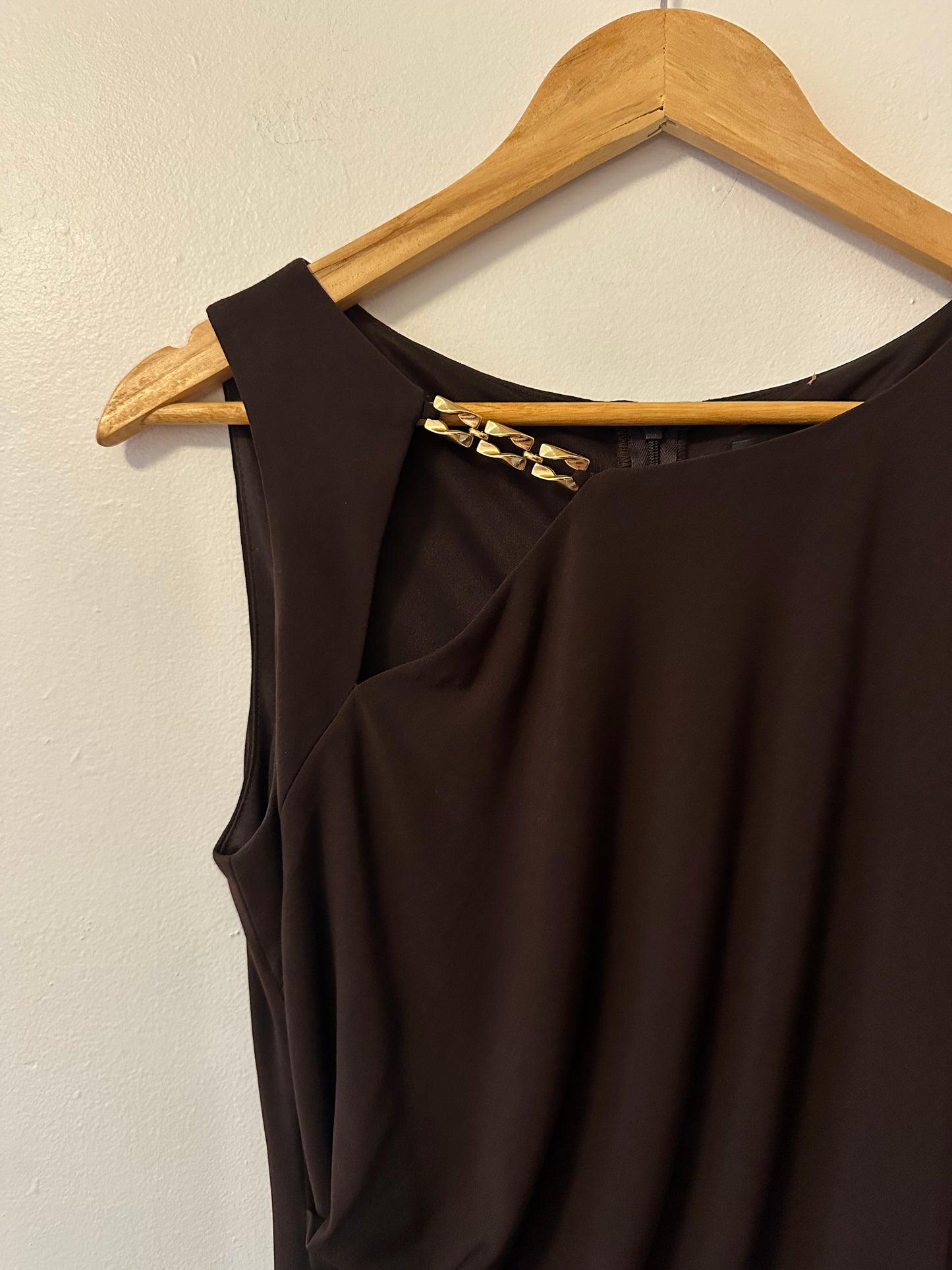 David Meister Chocolate Brown Mini Dress with Gold Detail | Size 6