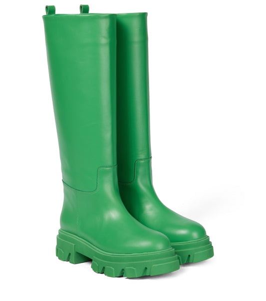 Gia Borghini x Pernille Tall Green Leather Knee High Rain Boots | Size 38.5