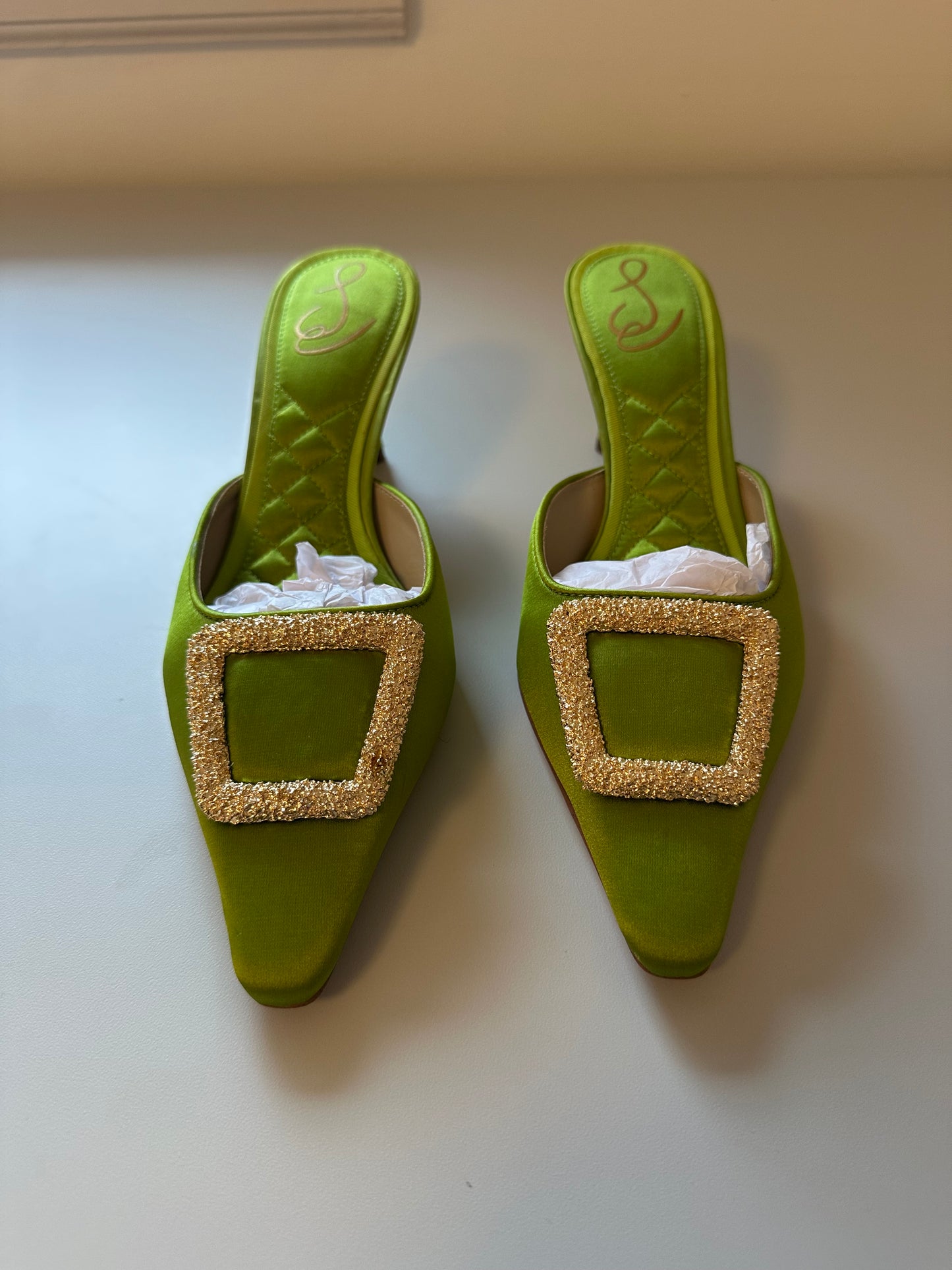 Sam Edelman Green Brit Mules with Gold Buckle and Kitten Heel | Size 7