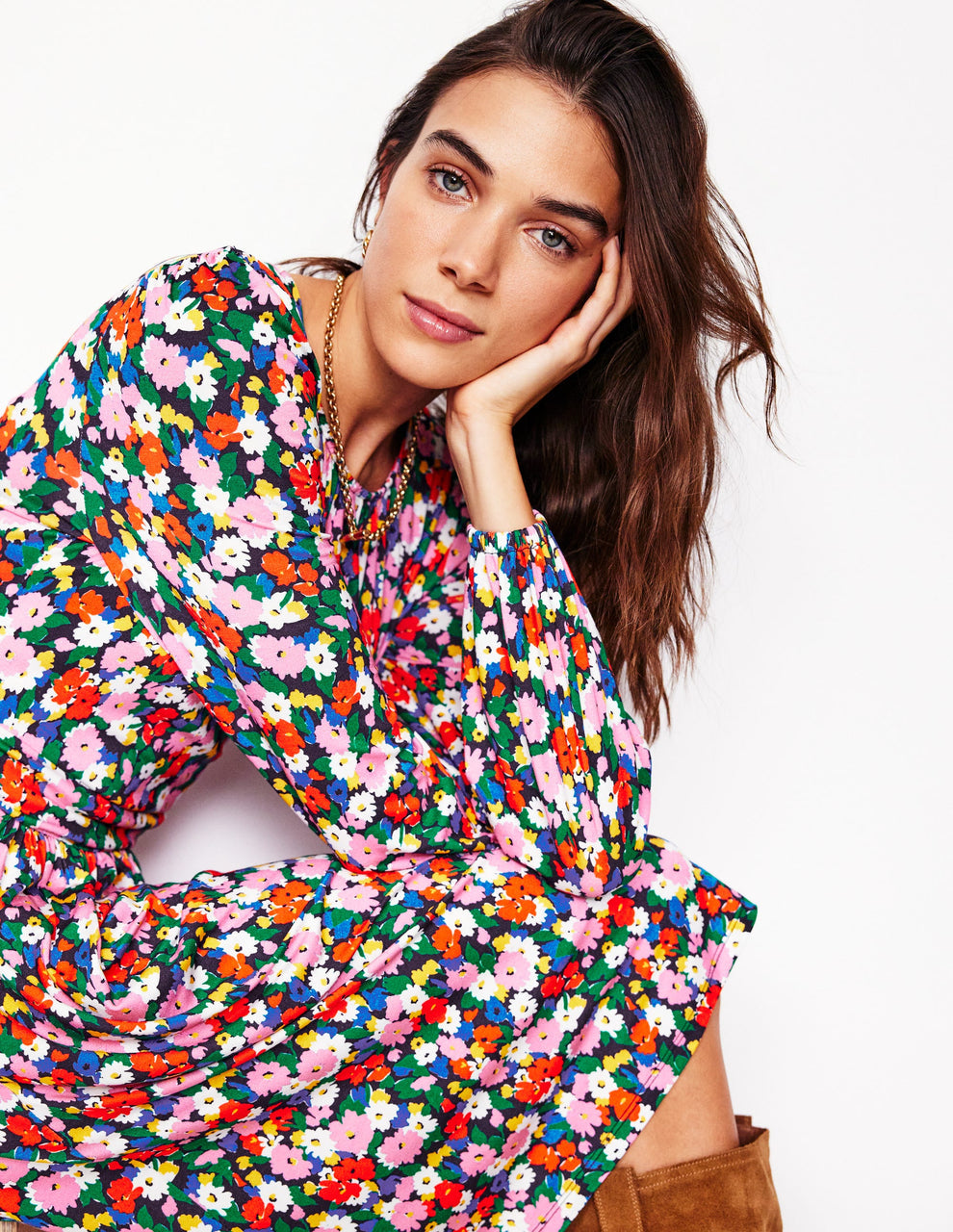 NWT Boden Alexandra Blouson Jersey Dress in Multi, Painterly Meadow - Size 12P