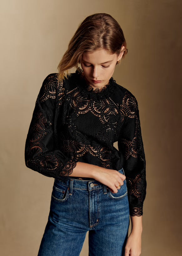 NWT Sezane Bianca Black Lace Organic Cotton Blouse | Size EU 42