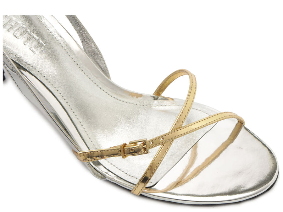 Schutz Cassie Mid Heel Silver and Gold Women's Dress Sandals - Size 8.5