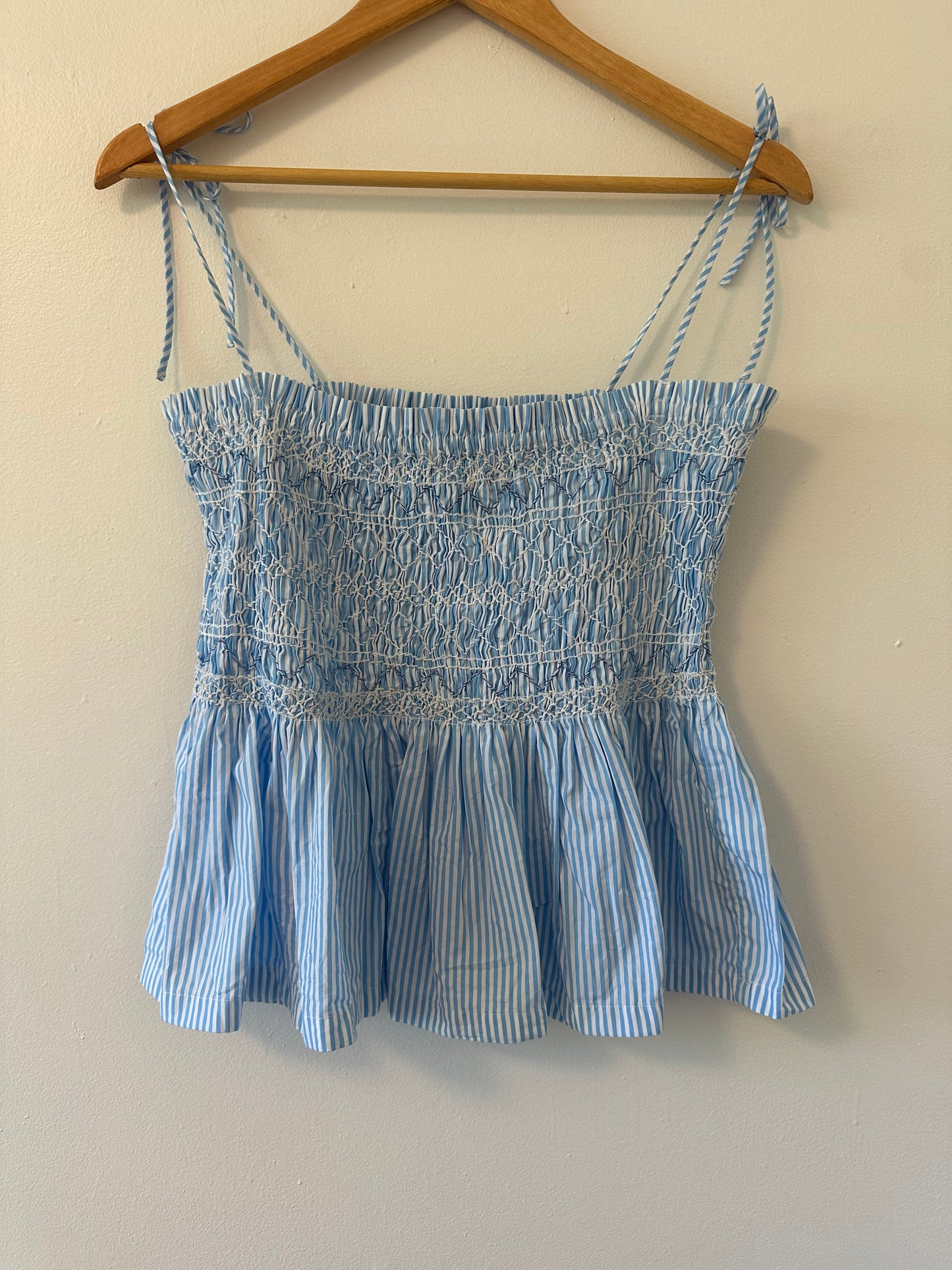 J. Crew Paloma Striped Top in Blue and White with Smocking - Size Medium