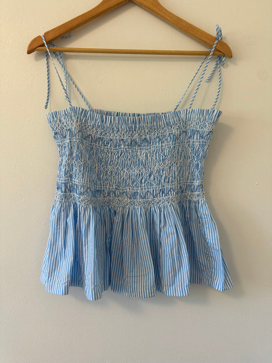 J. Crew Paloma Striped Top in Blue and White with Smocking - Size Medium
