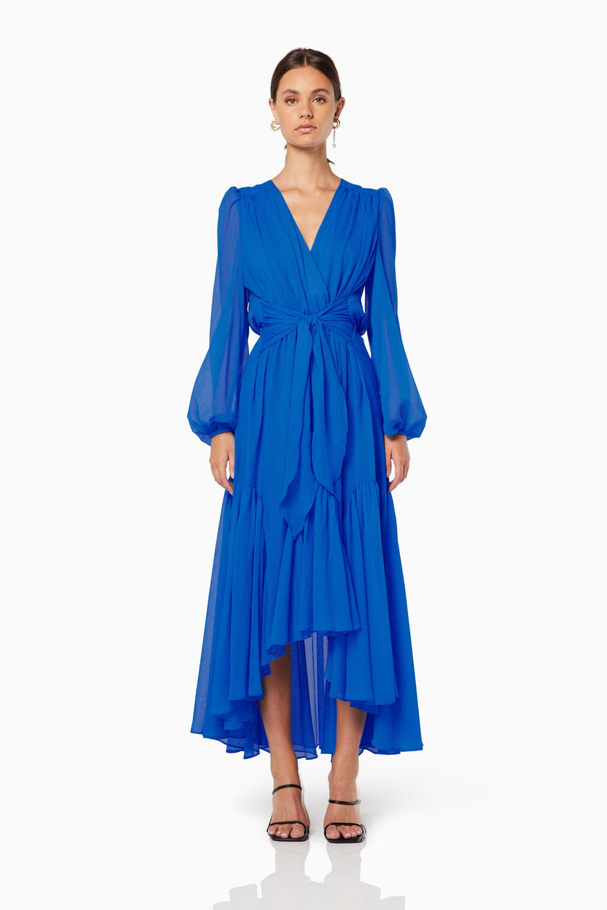 Elliatt Sylliott High Low Ruffle Chiffon Dress in Blue | Size Medium