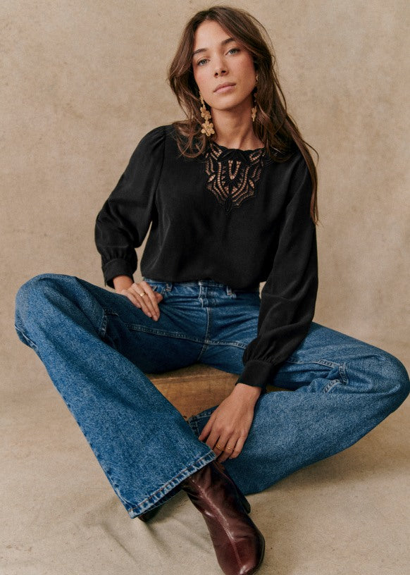 Sezane Carlotta Black Silk Blouse with Lace Neckline Accent | Size US 10 / EU 42