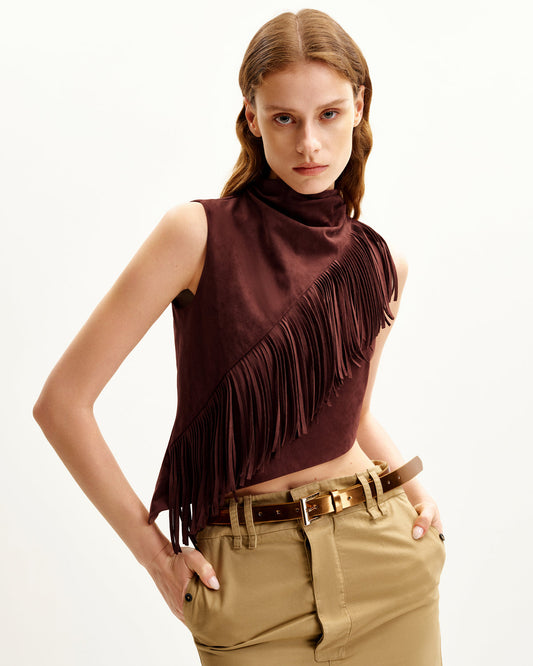 JW Pei Adeline Asymmetric Fringe Sueded Top in Burgundy - Size 8