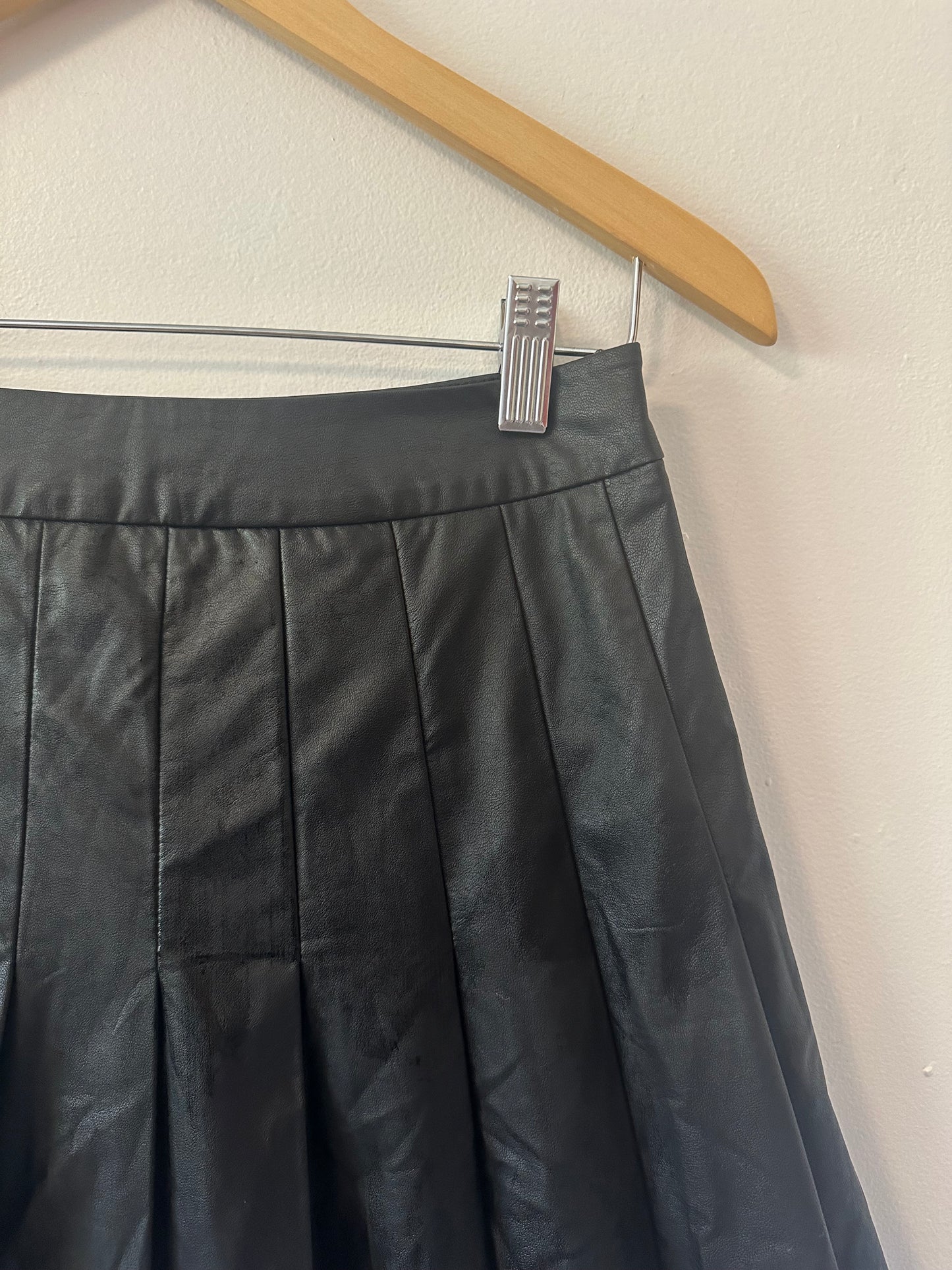 THML Black Faux Leather Pleated Mini Skater Skirt | Size Small