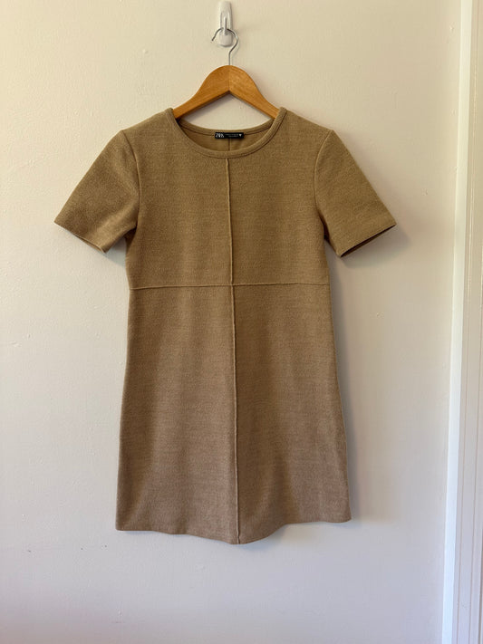 Zara Tan Mini Sweater Dress with Short Sleeves | Size Small