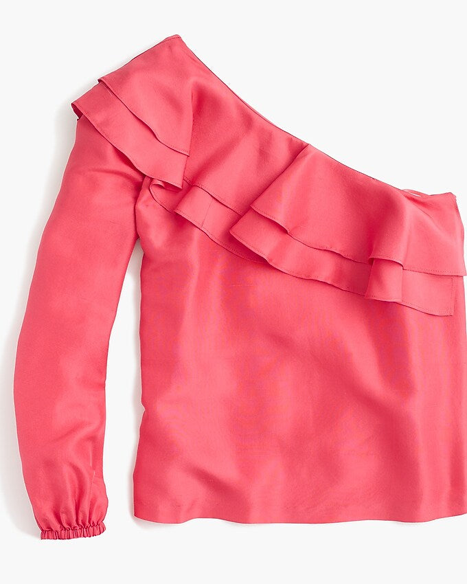 J. Crew Silk Shantung One-Shoulder Ruffle Blouse in Brilliant Poppy