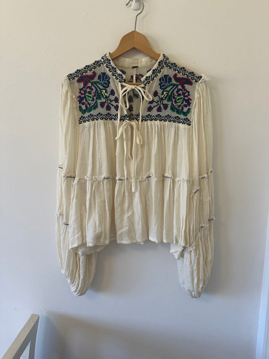 Free People Embroidered Cream Women's Top Size S
