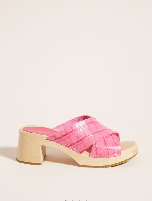 Swedish Hasbeens Anette Heeled Pink Block Clog Sandals | Size 40