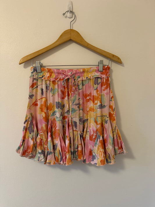Olivaceous Pink Multicolor Floral Ruffle Mini Skirt - Size Medium