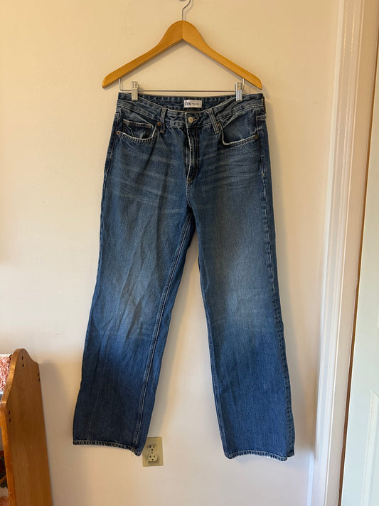Zara Mid Rise Wide Leg Cotton Medium Wash Jeans | Size 10
