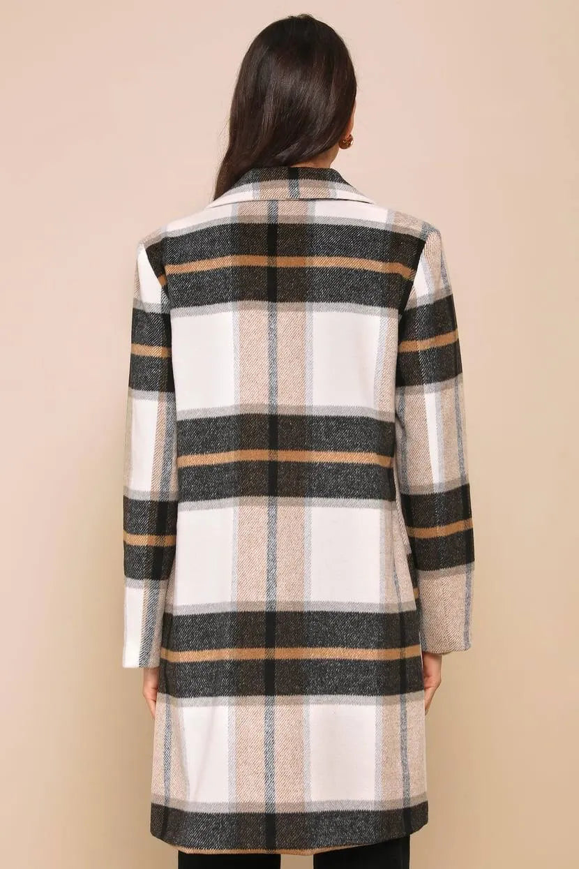 BB Dakota Steve Madden Cher Ivory Plaid Brushed Coat | Size Large