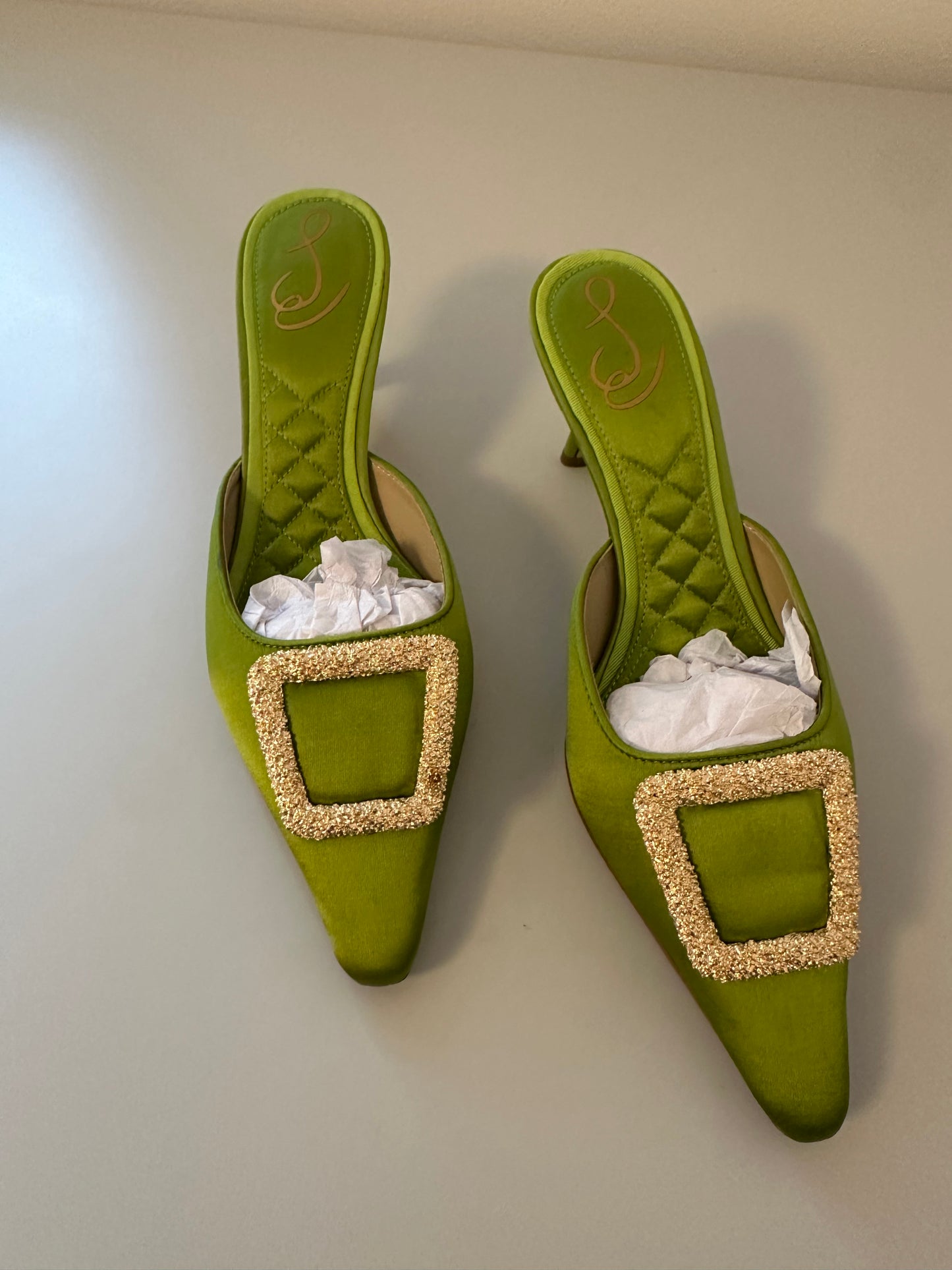 Sam Edelman Green Brit Mules with Gold Buckle and Kitten Heel | Size 7
