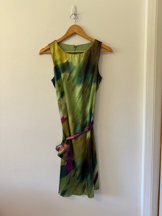 Cartese Sleeveless Belted Silky Dress in Purple and Green Print | Size 4