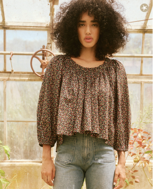 The Great. The Moonstone Top - Dark Navy Mini Wildflower Print Size 0