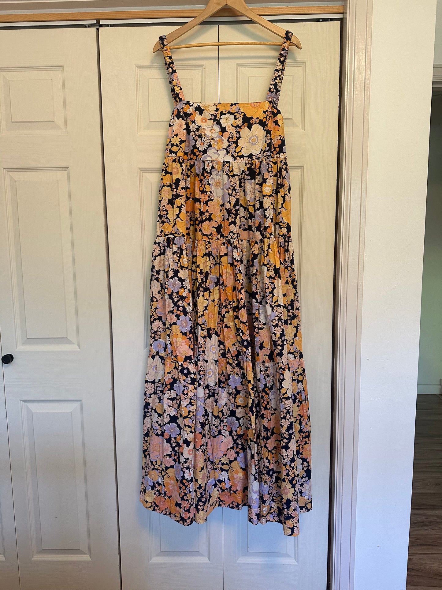 Free People Park Slope Orange and Pink Tiered Maxi Sundress Size Small