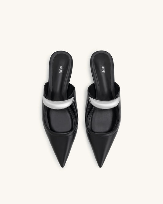 New JW PEI - Black Helena Pierced Mules with Silver Accents in Vegan Leather | Size 8