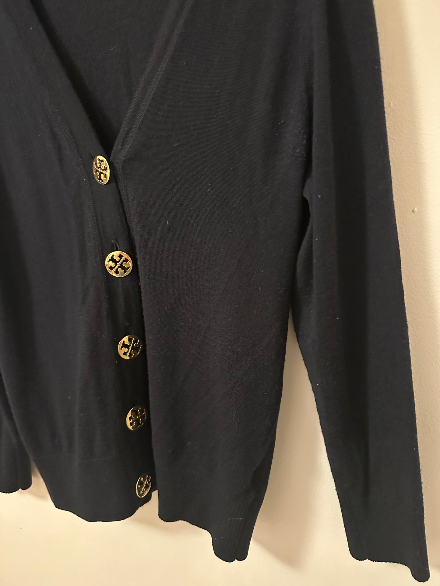 Tory Burch Women's Simone Black Cardigan with Gold Logo Buttons | Size Large
