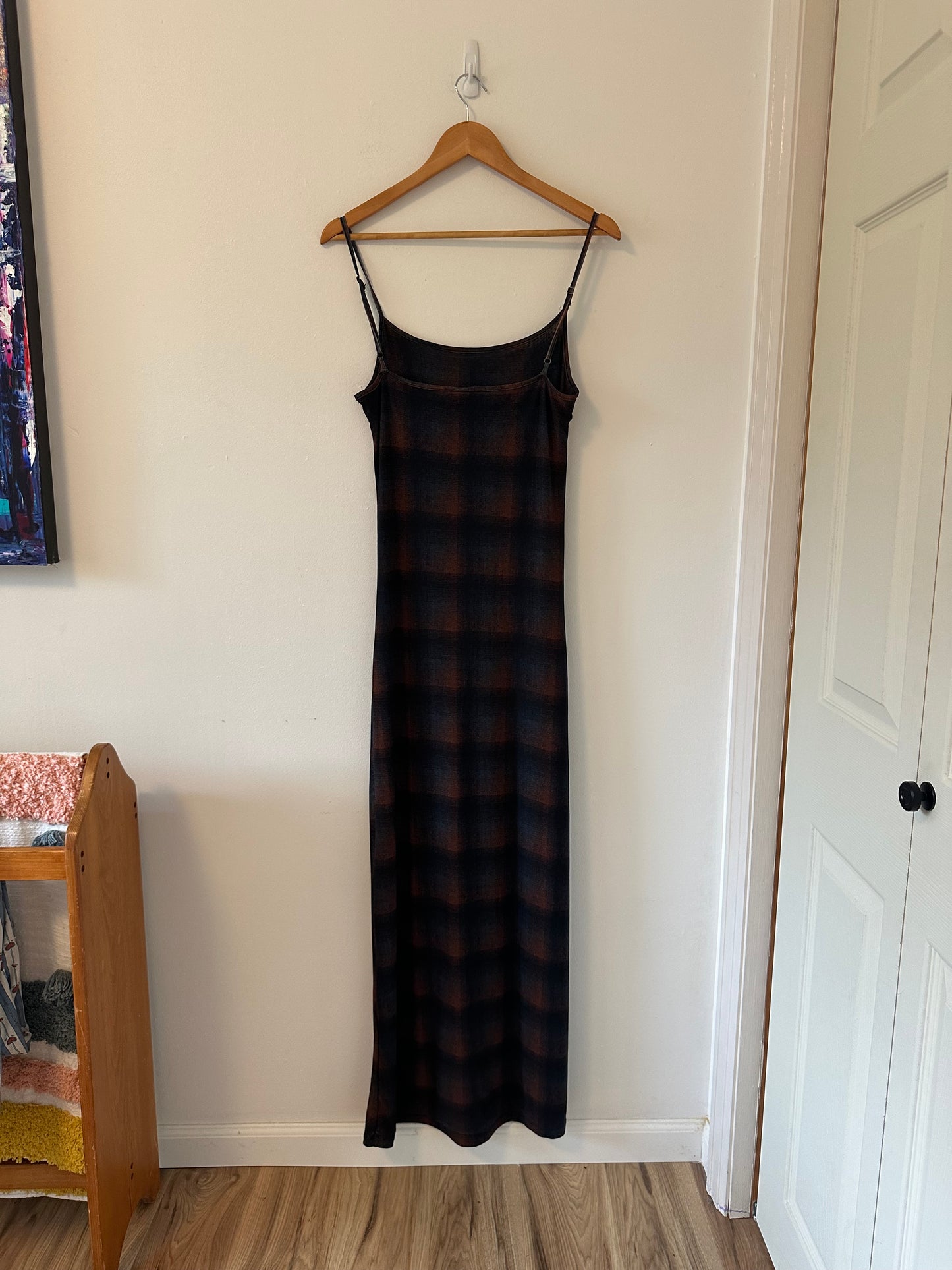 Thrills Enmesh Plaid Bodycon Mesh Spaghetti Strap Dress in Navy and Brown | Size Large