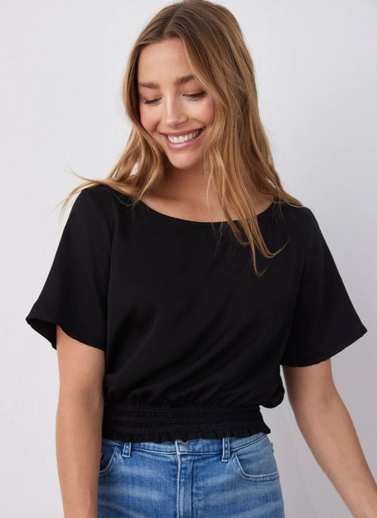 Bella Dahl Satin Smocked Waist Top in Black | Size Medium