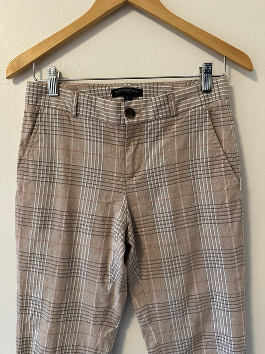 Banana Republic - Linen and Cotton Plaid Ankle Pants in Tan and Gray | Size 2P