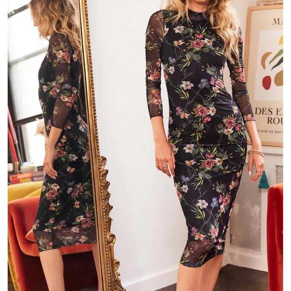 Heartloom The Sydney Black Floral Long Sleeve Mesh Mock Neck Dress | Size Large