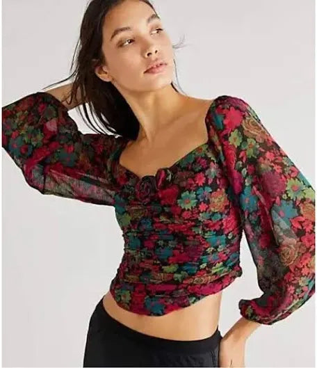 Free People Oh La La Floral Blouse - Red and Black in Size Medium