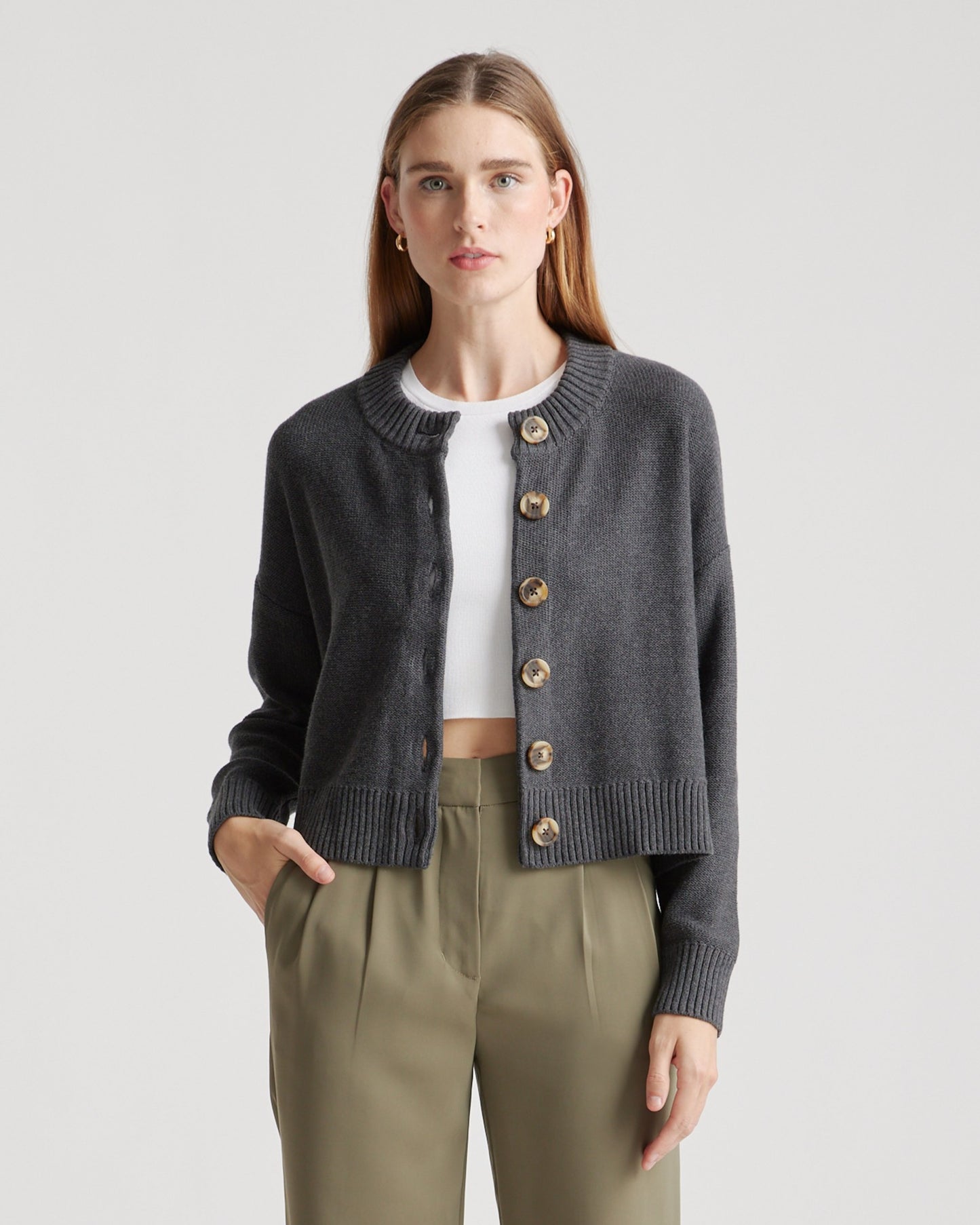 NWT Quince 100% Organic Cotton Cropped Cardigan in Charcoal Gray | Size Small