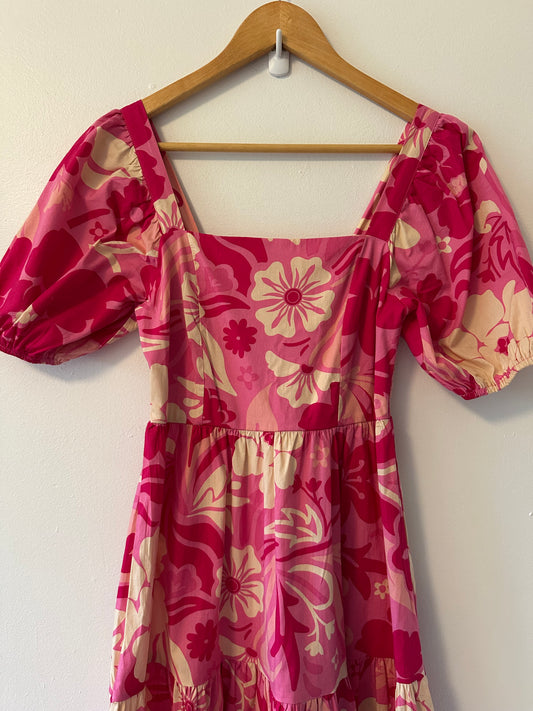Crystal Sky - Pink Floral Midi Puff Sleeve Ruffle Cotton Midi Dress | Size XS