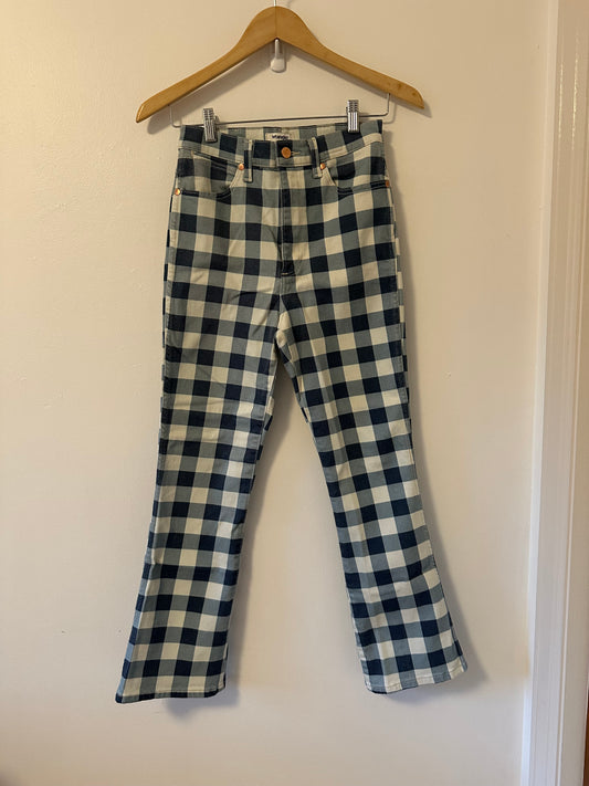 Wrangler - Wrock Gingham Kick Flare Blue and White Denim Jeans | Size 27