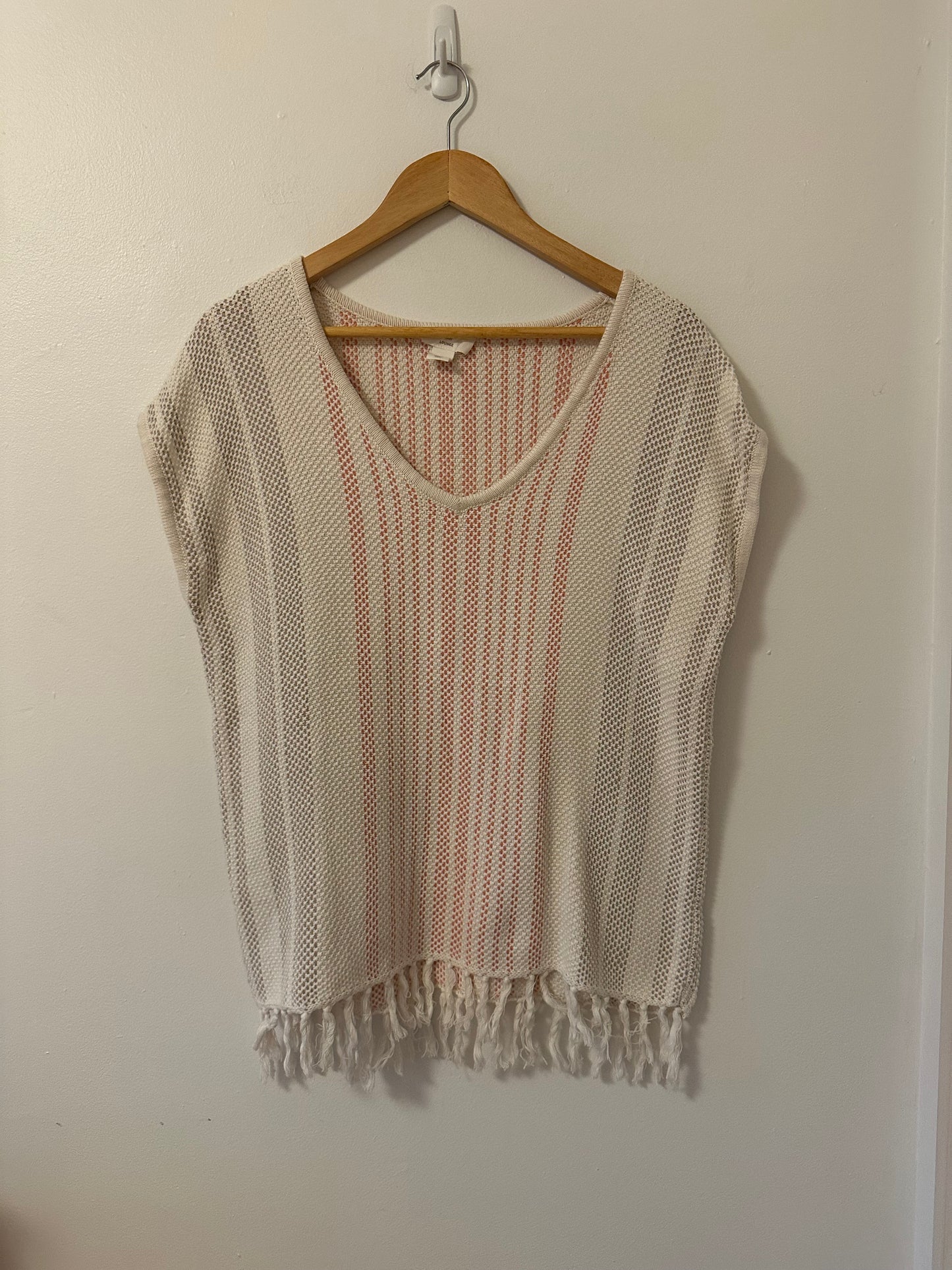 LOFT Lounge Cream and Pink Textured Knit Cotton Top With Tassels | Size Medium