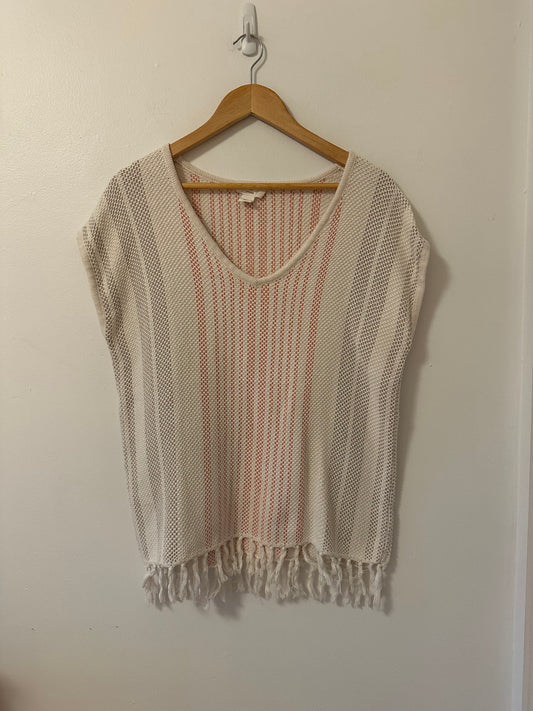 LOFT Lounge Cream and Pink Textured Knit Cotton Top With Tassels | Size Medium