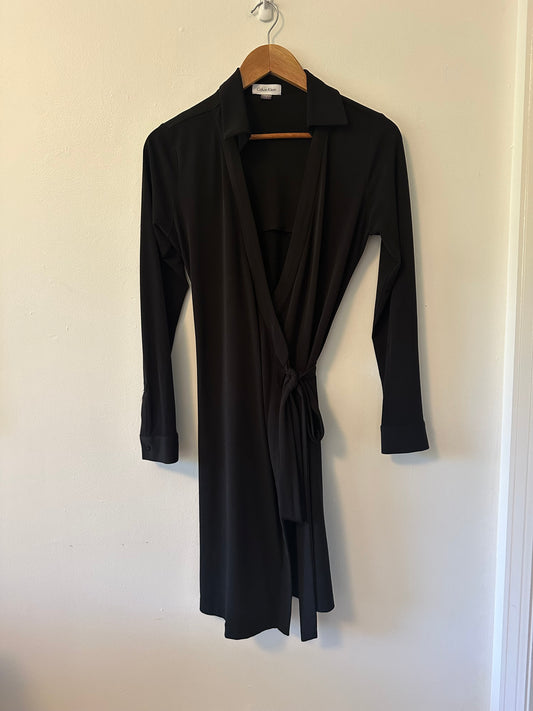 Calvin Klein Black Long Sleeve Collared Knit Wrap Dress | Size 4