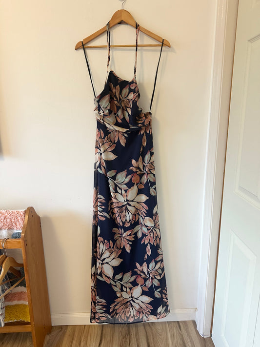 Lulus Adventure Seeker Navy Blue Floral Print Maxi Tie Back Dress | Size Medium