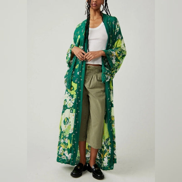 Free People Hidden Hills Floral Green Kimono Robe