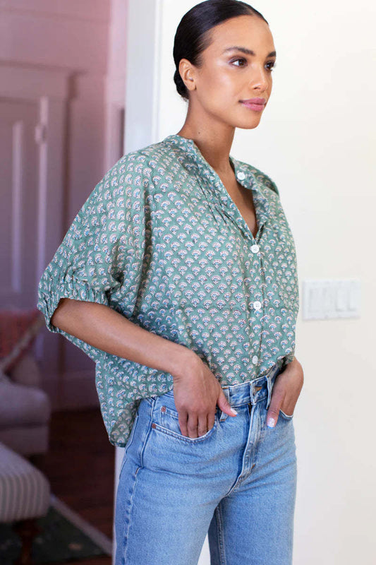 Emerson Fry - Mandarin Collar Top in Day Flowers Juniper Organic | One Size
