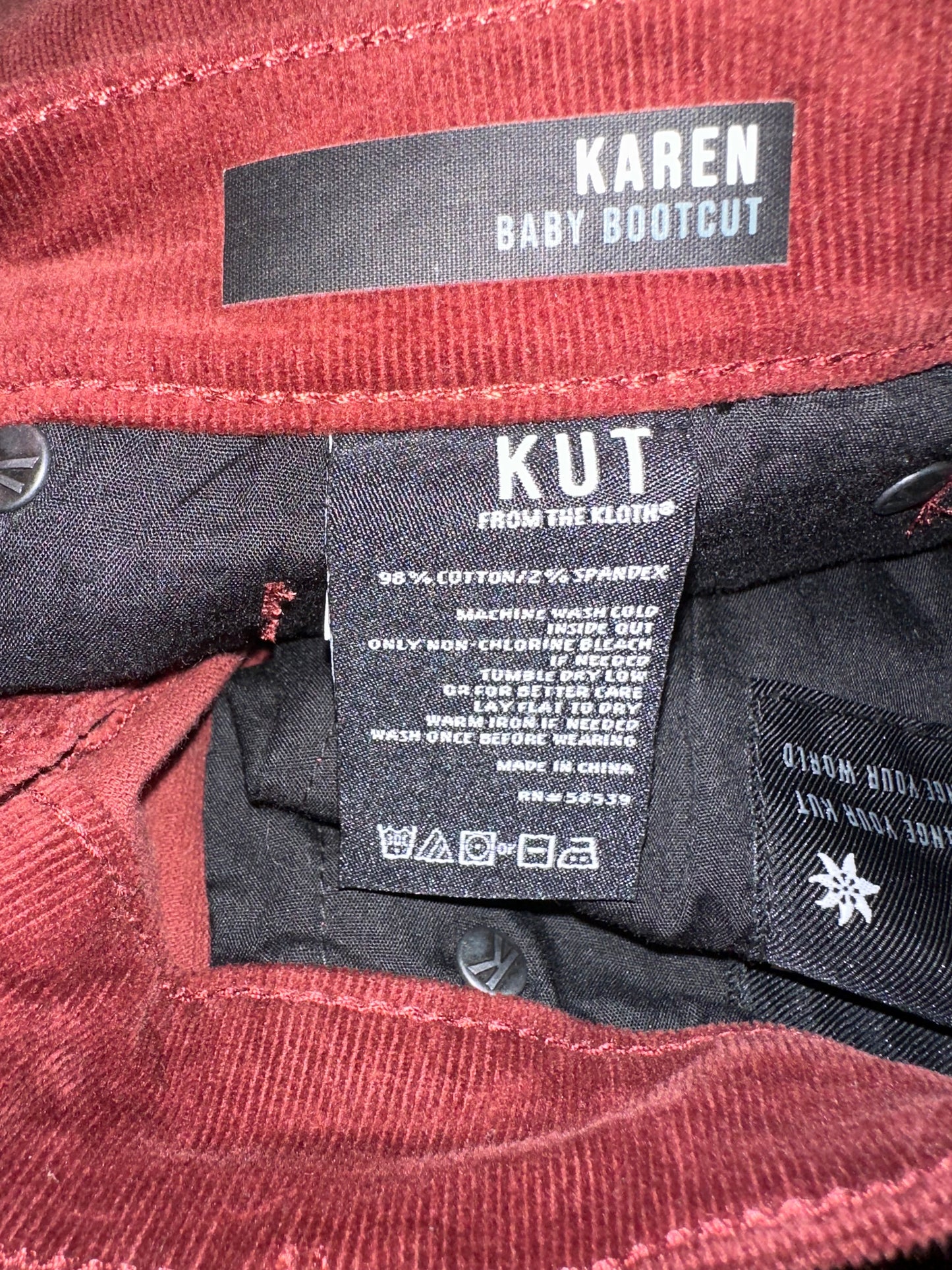 Kut from the Kloth Karen Baby Bootcut Corduroy Jeans in Burgundy Red | Size 16