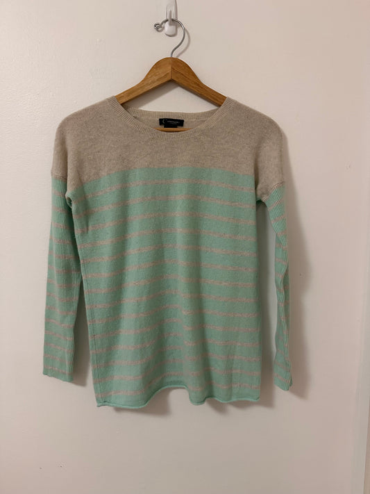 C by Bloomingdale's Gray And Mint Green Striped Cashmere Sweater Size Small